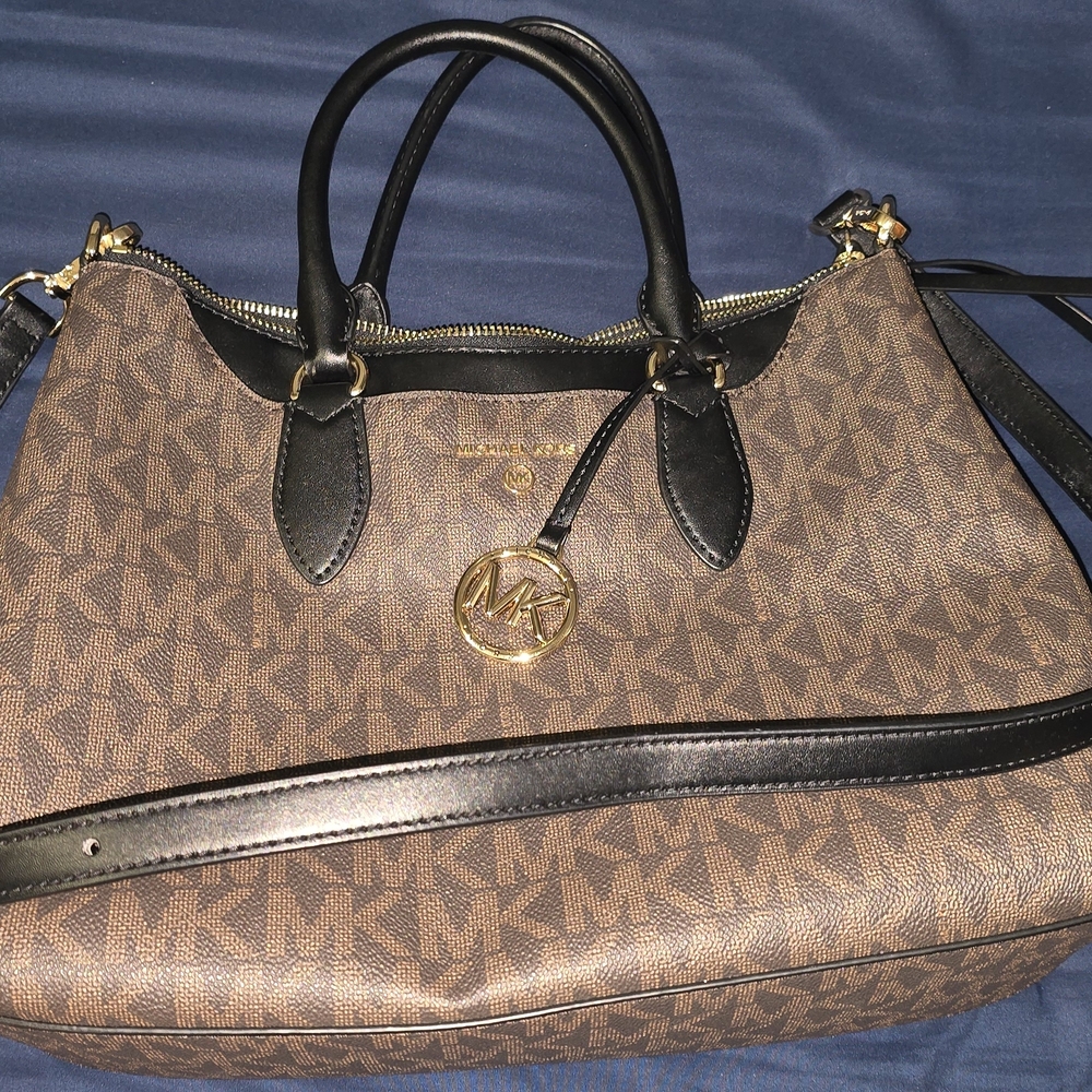 Michael Kors Brown MK Monogram Satchel with Black Trim and Gold Hardware